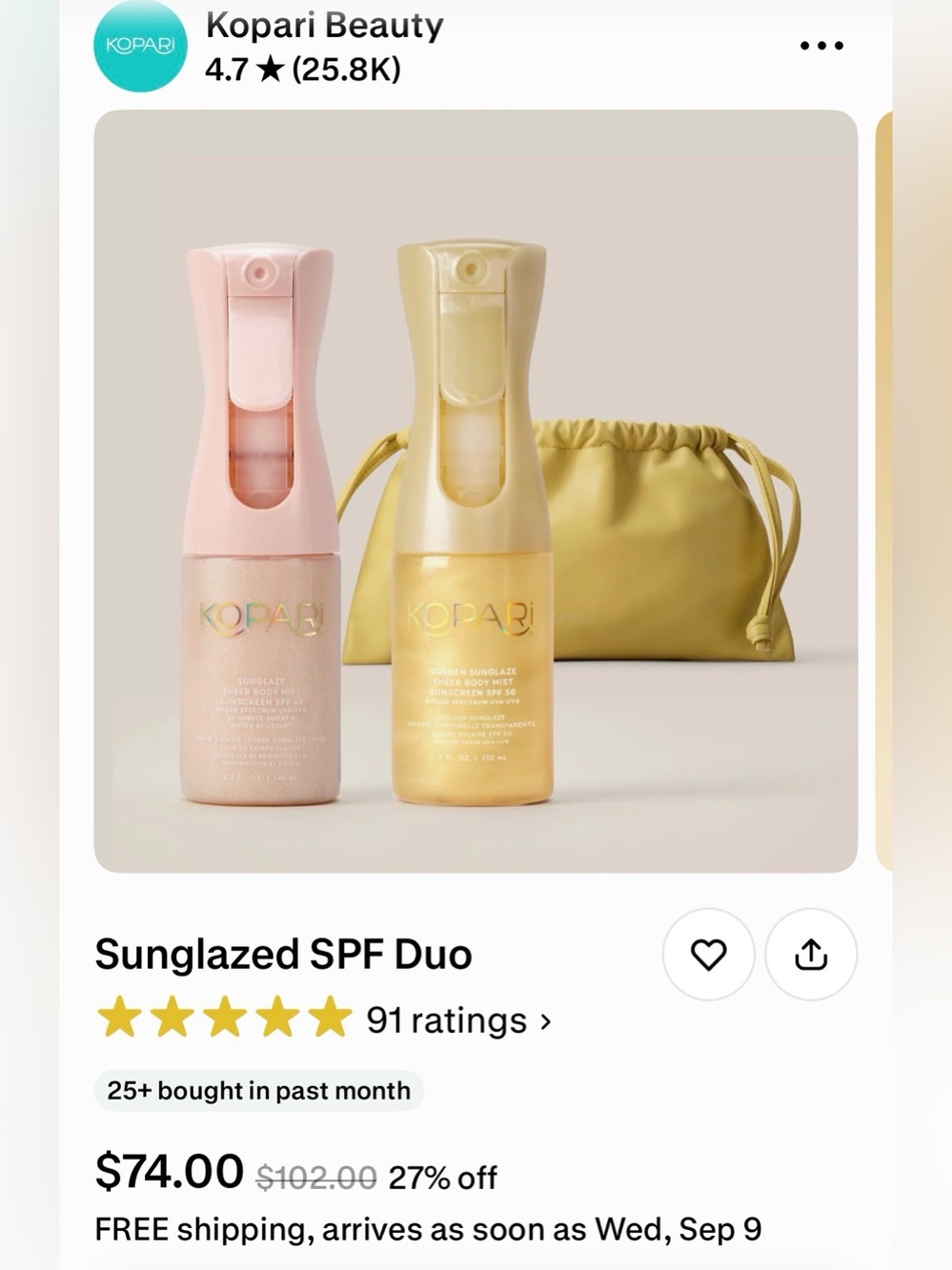 Kopari Sunscreen Mist Duo with Yellow Pouch